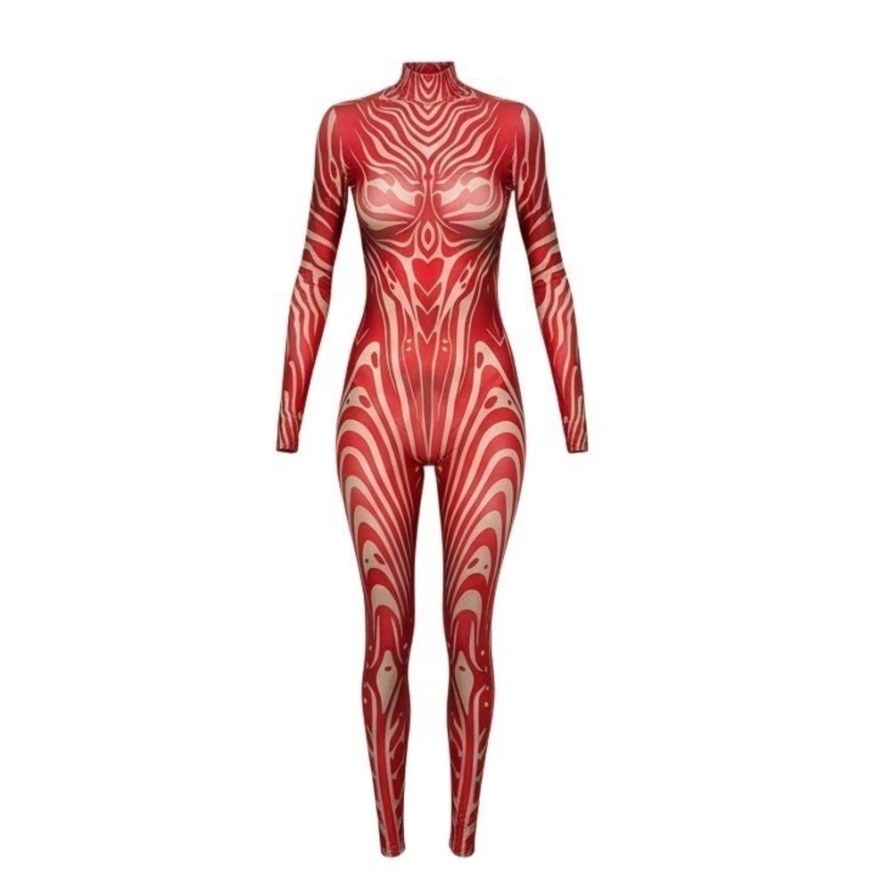 New Medium Full Body Catsuit Orange Tan Print Mock Neck Stretch Rave Festival